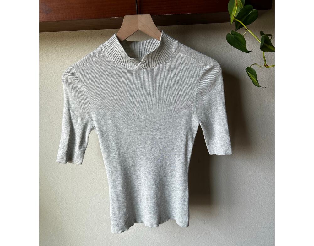 ADAY Gray Ribbed Mock Neck Top Lyocell Merino Wool Blend Size S